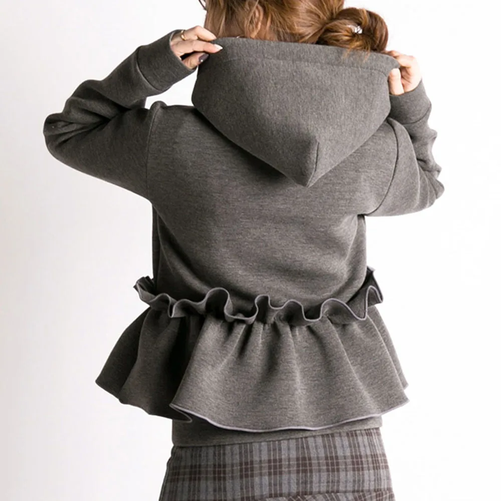 

Autumn 2021 Women Kawaii Jacket Casual Slim Korean Hooded Long Sleeve Sweatshirts Fashion Ruffle Outerwear Coat Short Overcoat