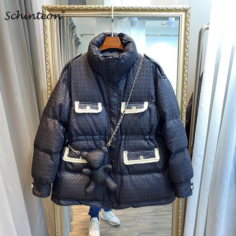 

2021 Schinteon Women Winter Warm Lovely Jacket Over Size Thick White Duck Down Loose Coat Outwear Stand Collar New
