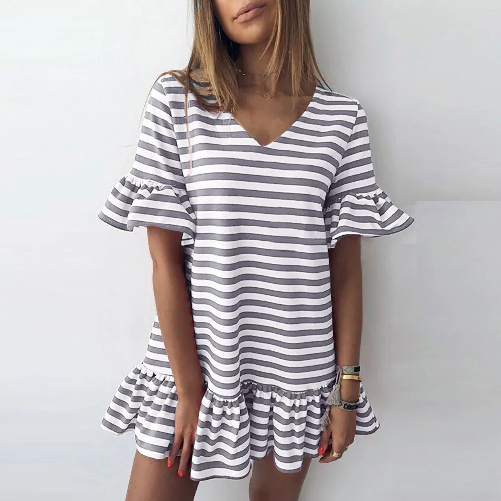 Красное платье в полоску с оборками женское сексуальное шифоновое повседневное