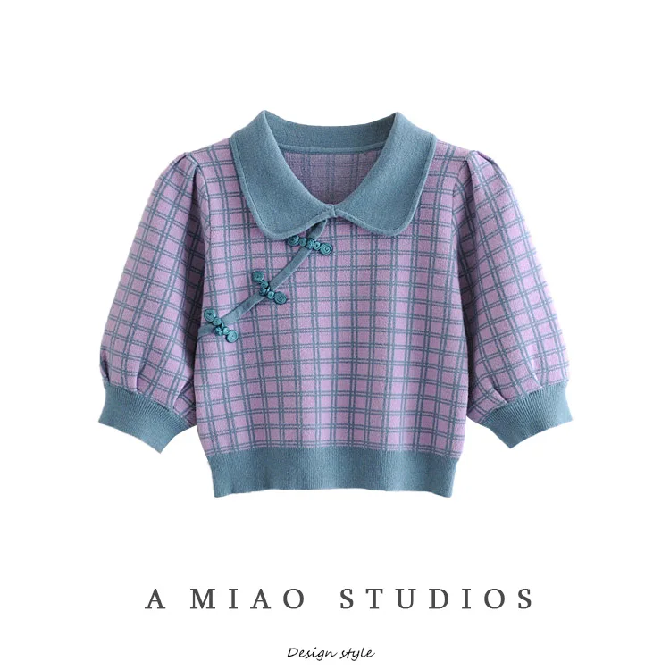 

Retro Chinese Style Plate Ornament Doll Collar Half Sleeve Plaid Puff Sleeve Sweater Short Midriff-Baring Sweater Early Autumn