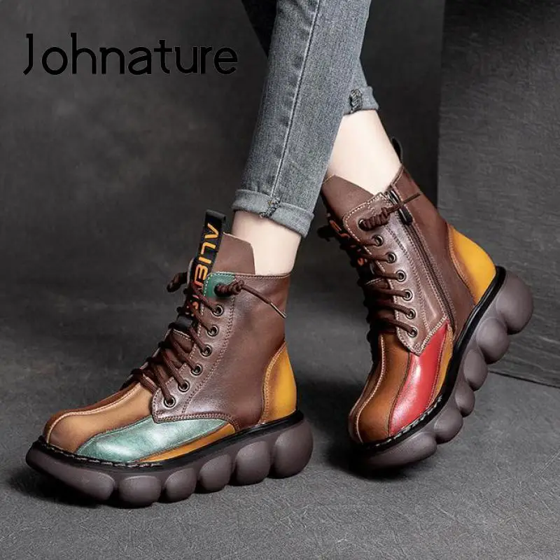 

Женские ботинки из натуральной кожи Johnature, лаконичные ботинки ручной работы на платформе с круглым носком и застежкой-молнией для отдыха, ра...