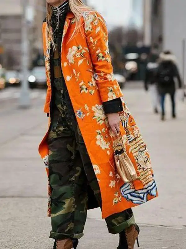 Длинная ветровка для женщин, новинка, семь частей, рукав, ветровка, женское повседневное длинное пальто, растения, лацкан с тупым углом, цвет макарон