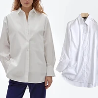 maxdutti autumn long sleeve long shirt england style office lady fashion blouse women solid simple cotton white loose blouse