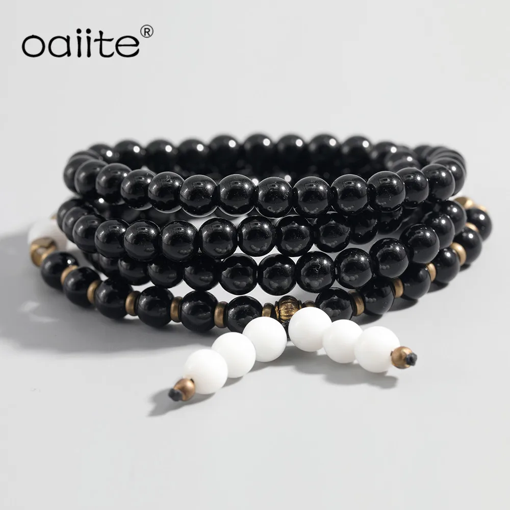 

OAIITE 8MM Black Onyx Beads Bracelets Natural Healing Gem Stone Stretch Bracelet 108 Mala Prayer Beads Yoga Necklace Wholesale