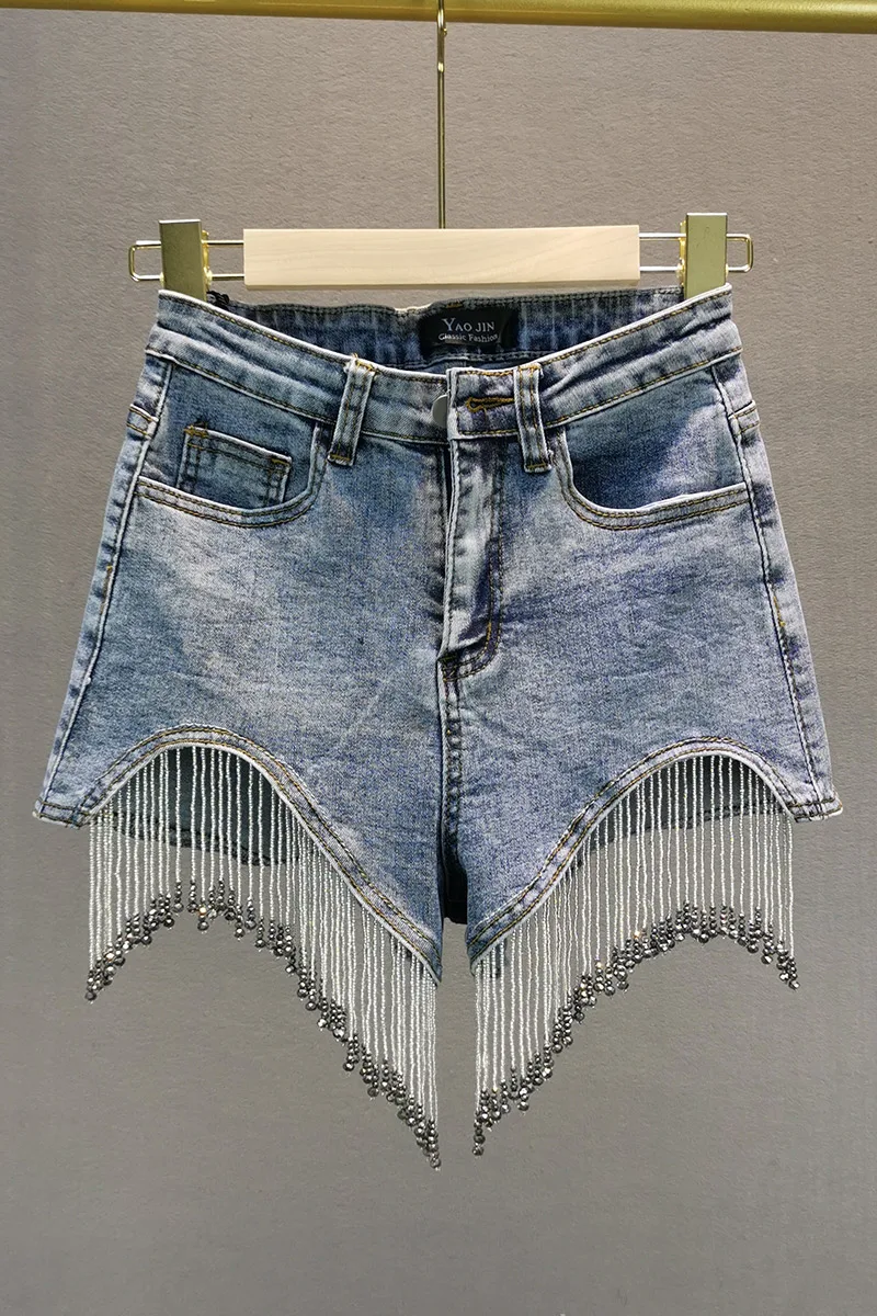 

2020 Summer Jean Shorts Women New European Style Elastic High Waist Hip Shorts Heavy Rhinestone Fringed Denim Shorts Hot Pants