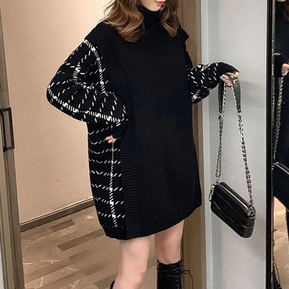 Зима 2020 новое трикотажное мини платье с высокой горловиной сшитое из двух частей