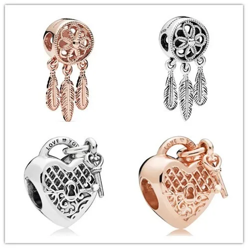 

925 Sterling Silver Bead Charm Vintage Openwork Love Heart Lock & Key Bead Fit pan Bracelet & Necklace Diy Jewelry