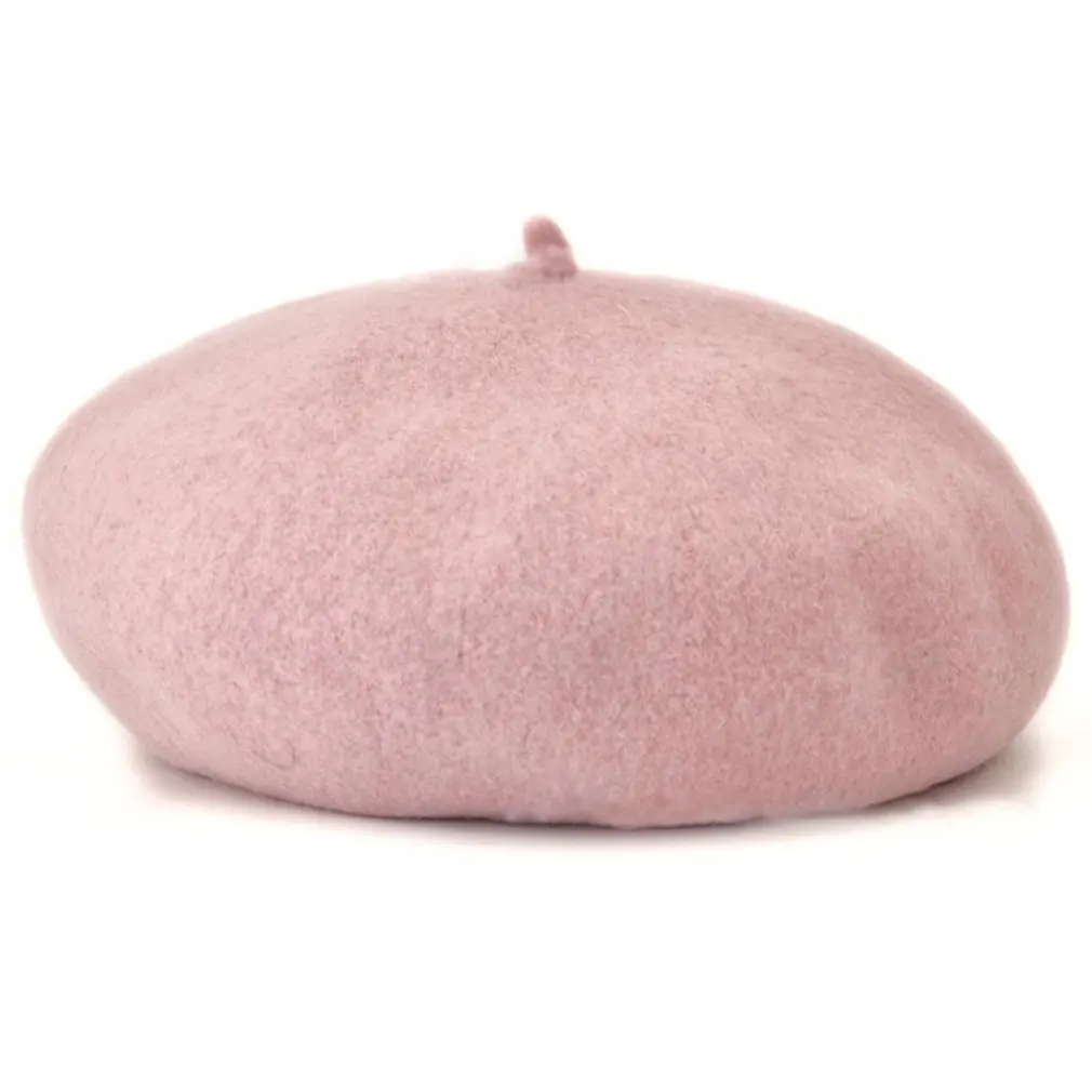 pink Осенне-зимние однотонные винтажные береты, круглая Мягкая шерстяная Шапка-бини французского художника для девочек, детская шапка, модный аксессуар - Цвет: pink