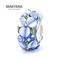 maeyera jewelry real s925 lampwork beads light blue stereo petals murano glass beads fit european charm jewelry 920369