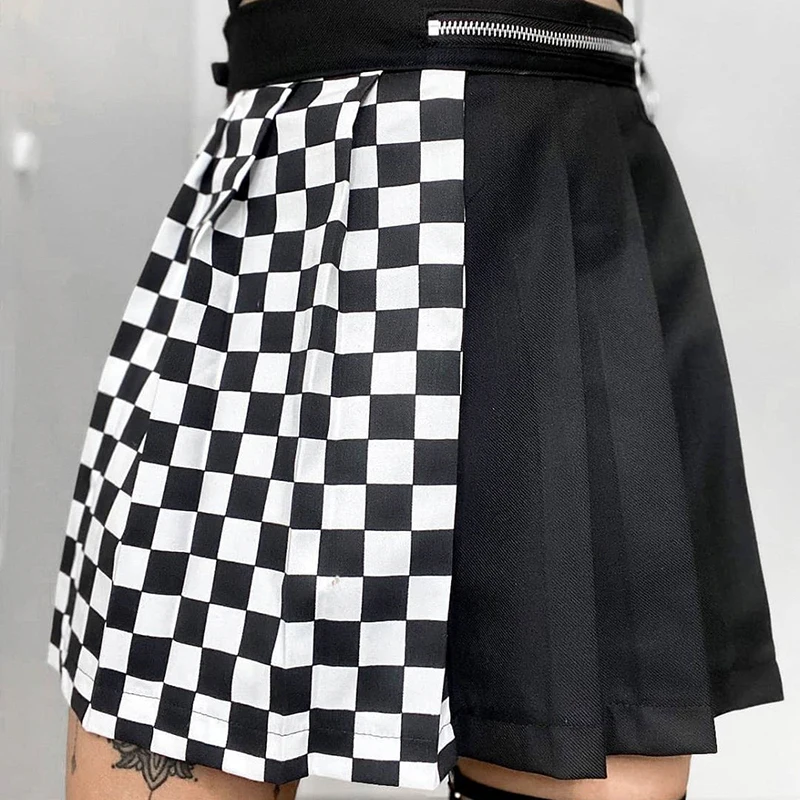 Женская клетчатая мини-юбка составного кроя черная юбка в шахматную клетку с