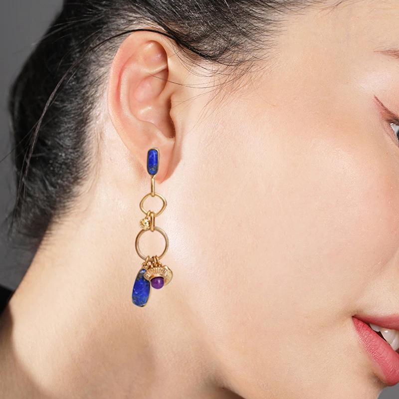 Металлические серьги синяя подвеска натуральный элемент камень геометрический