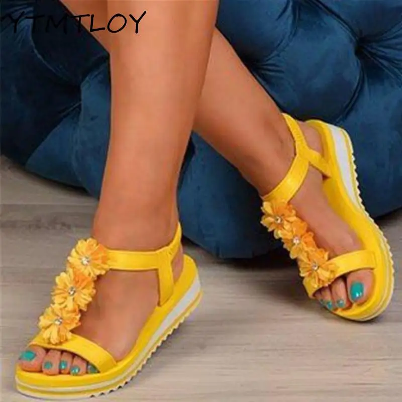 Сандалии женские с цветочным принтом Т-кружевом Нескользящие эластичный ремешок