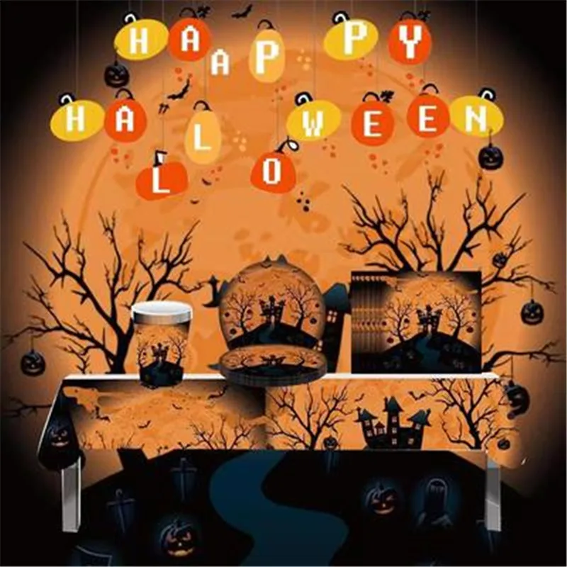 

Тематическая вечеринка Хэллоуин набор столовой посуды, одноразовая тарелка, бумажная чашка, соломенная скатерть, баннер, флаги, Декор, това...