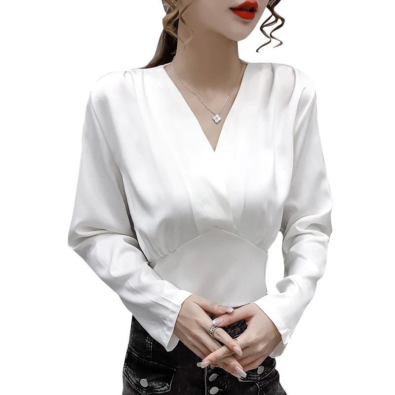 

2021 Spring New Slim Fit Slimming V-Neckline Long Sleeve Short Shirt Women's Underwear Top Design Sense Small