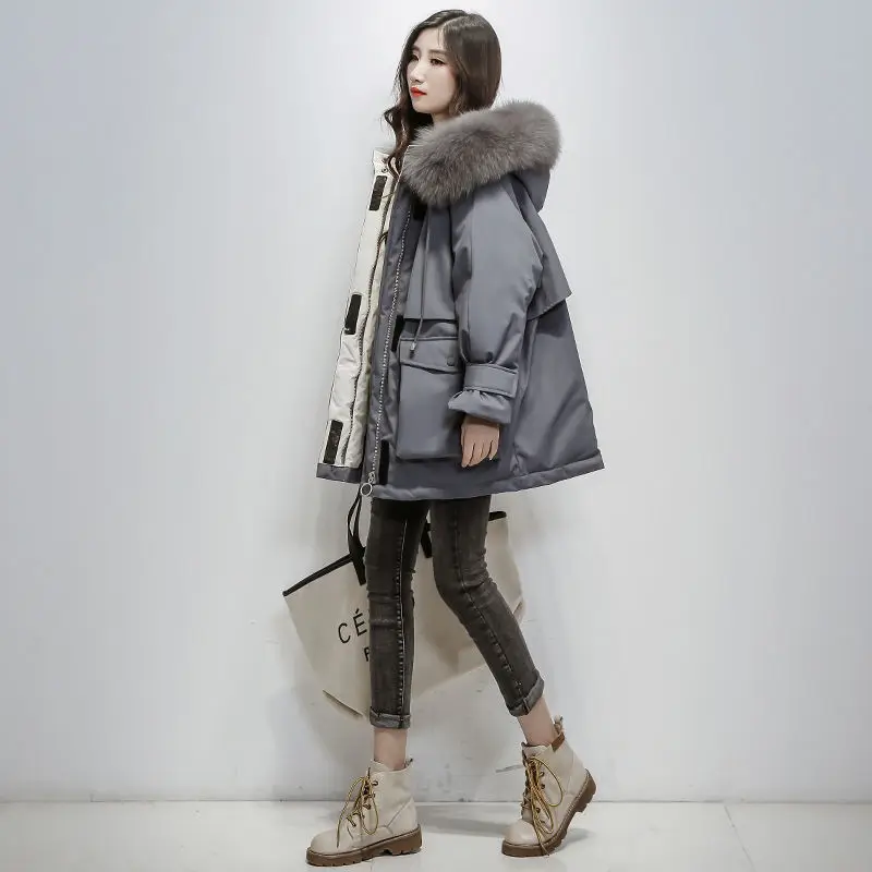 

Pai Overcome Women Parka Korean New Down Padded Jacket Female Loose and Thick Large Fur Collar Padded Jacket