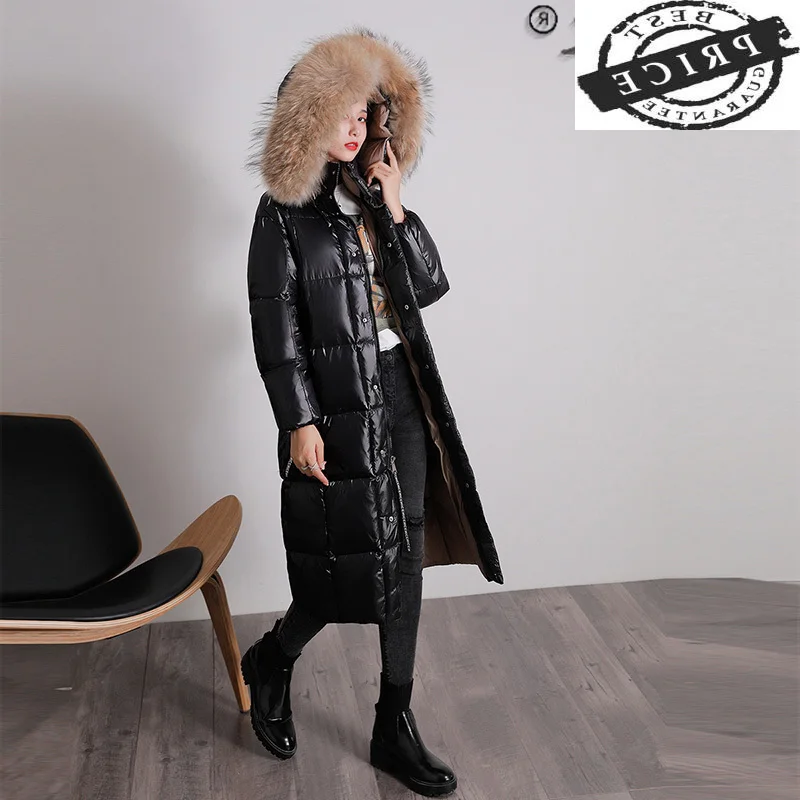 

Женский длинный пуховик, куртка на 20% белом утином пуху, толстые парки с капюшоном, Воротник из меха енота, Ropa Mujer 32