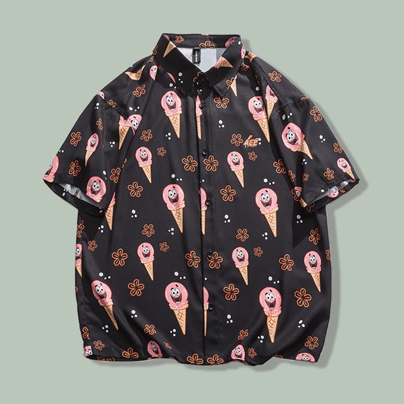 

Cartoon Ice Cream Print Shirt Men Hawaiian Hip Hop Loose Casual Short Sleeve Top Japan Harajuku Streetwear Beach Oversize Shirts