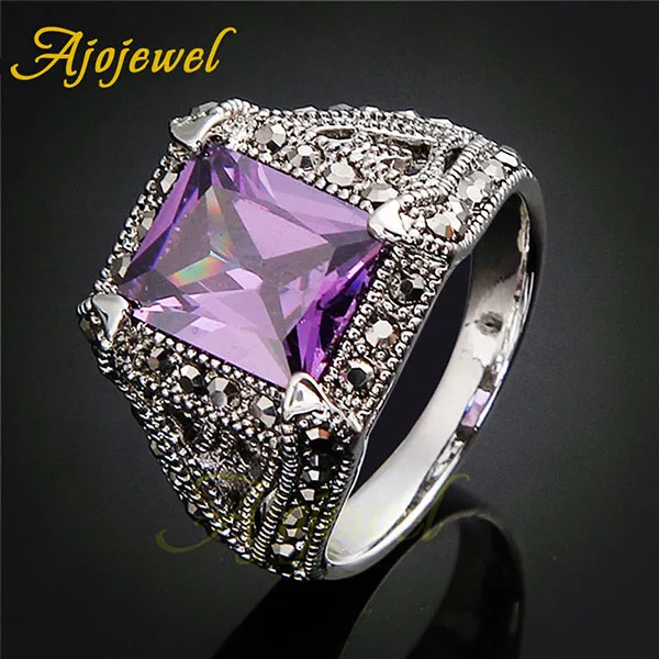 Ajojewel Размер 7-10 фиолетовый черный кубический цирконий античное Кольцо женское квадратное мужское кольцо с камнем винтажное ювелирное изделие - Цвет основного камня: Фиолетовый