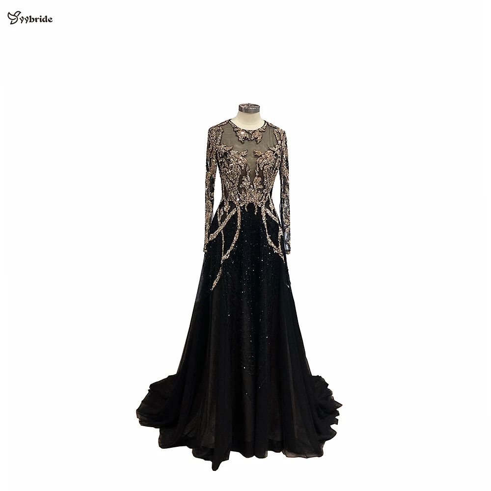 

YYbride Newest Gold Beading Black Skirt O-Neck Long Sleeves A-Line With Court Train Elegant Ladies Customized Evening Dresses