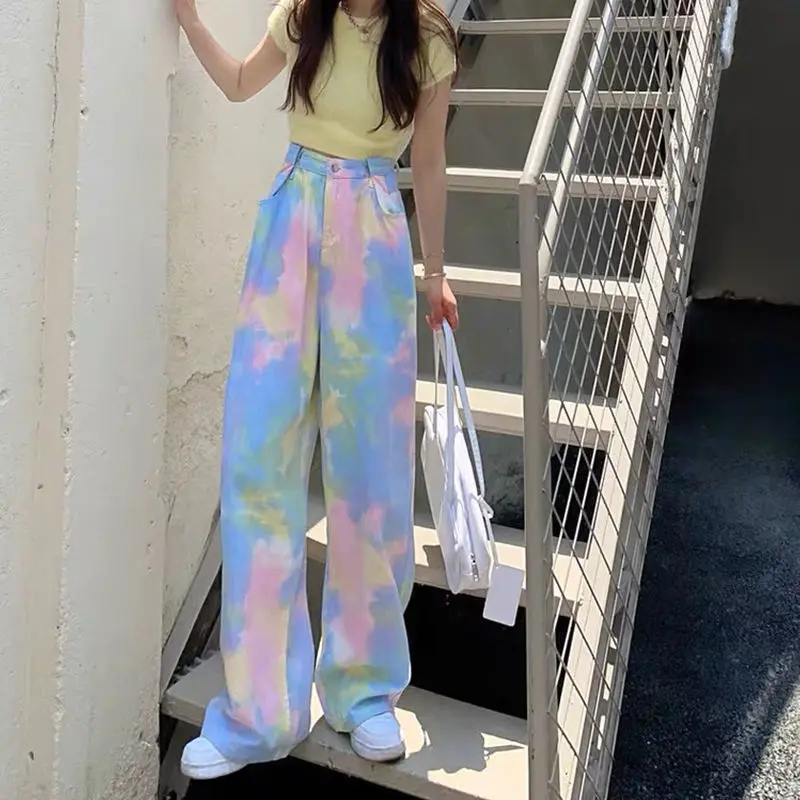 

Streetwear Tie-dye Baggy Jeans Women New Loose Denim Wide-leg Pants Fashion High Waist Straight Trousers Female S-3XL