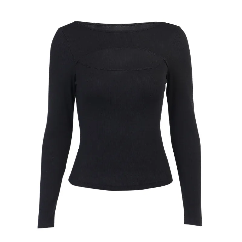 

ZCSMLL black women tops Sexy chest hollow long-sleeved ribbed top women's fashion sexy show chest 2021 summer