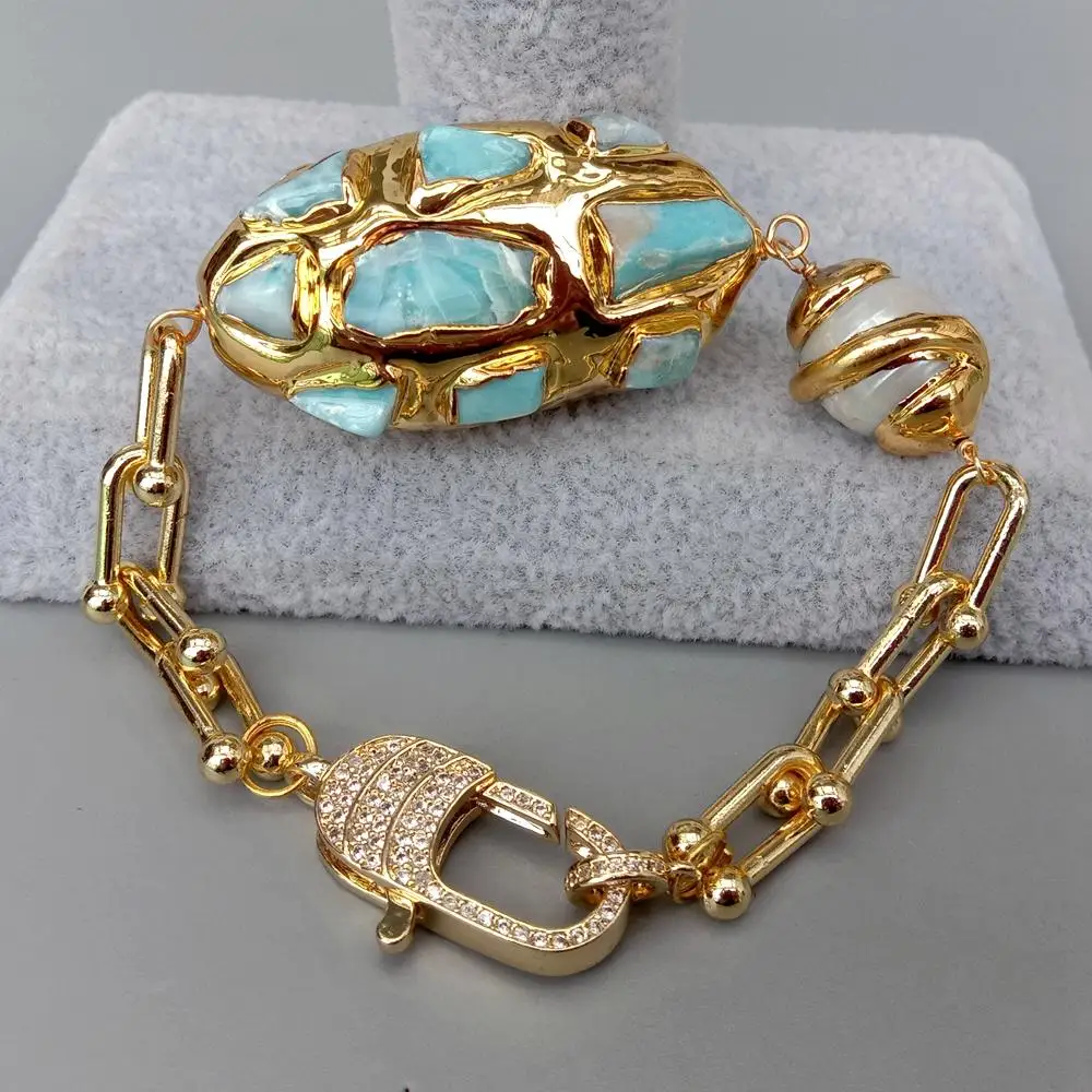

YYING Cultured White Keshi Pearl Blue Larimar Gold Plated Chain Bracelet