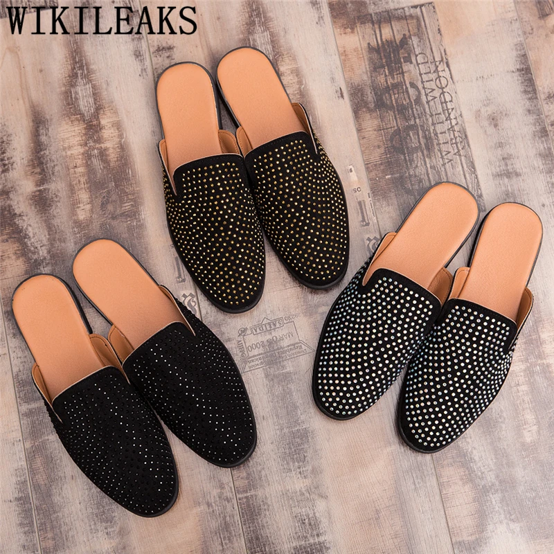Mules Suede Shoes Men Black Half For Rhinestone Mens Casual Hot Sale Sepatu Slip On Pria Heren Schoenen | Обувь