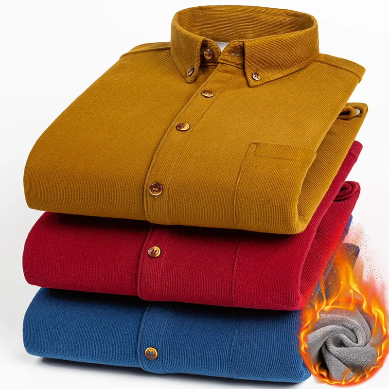 

Men's Corduory Dress Shirt Fashion Warm Fleece Lining Winter Thick Long Sleeve Business Casual Button Down Shirts Warm Jacket