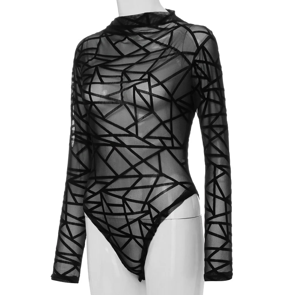 

Top Elasticity Fashion Women's Bodysuits Solid Black Perspective Long Sleeve Sexy Jumpsuits Lady Loose Playsuit Lenceria Mujer
