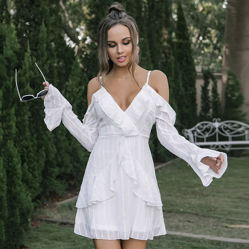 

Spring 2021 OL Women Dress Sexy Fashion Deep V-neck Flare Sleeves Ruffles Slim Mini Dress