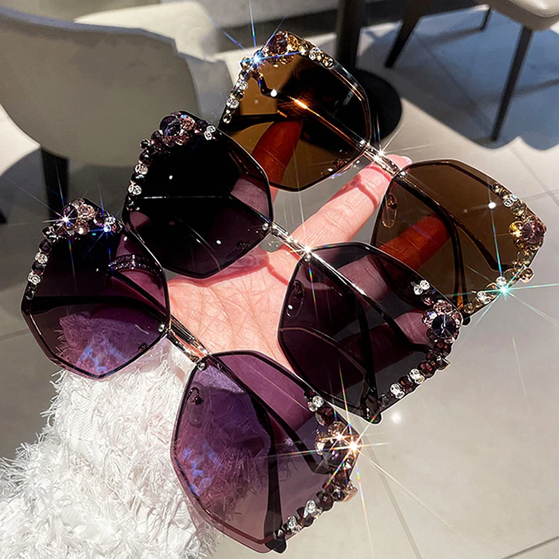 

2022 Luxury Rhinestone Sunglasses Women Cut Edge Metal Polygon Sun Glasses Fashion Shades for Female Driving Glasses