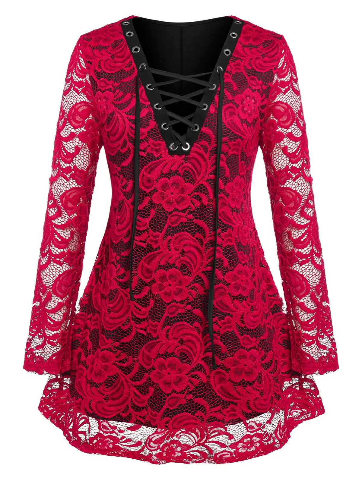 

Plus Size Blouses Flower Lace Sheer Lace Up Tunic Tee Women Sexy Black Red Color Autumn Winter Long Sleeve Casual Tops