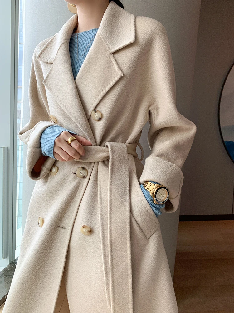 

Double-Faced Cashmere Coat Women Mid-Length Autumn Winter New Loose Double Breasted Woolen Coat British Style Women Overcoat