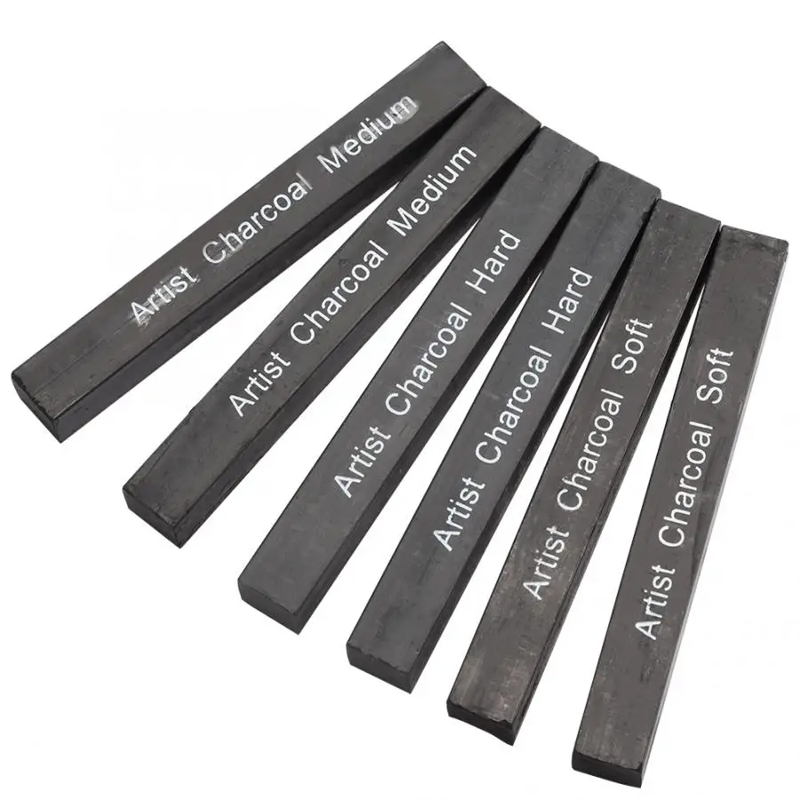 6Pcs Compressed Charcoal Sticks Black Soft/Medium/Hard Graphite Drawing Pencil Art Supplies |