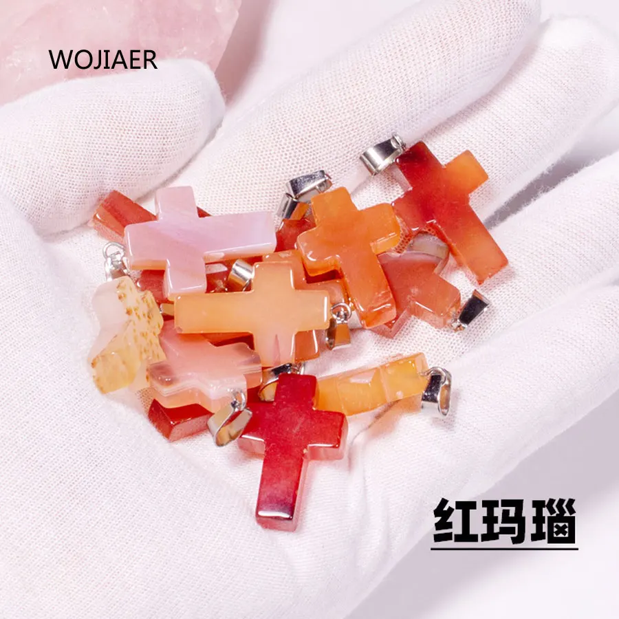 

WOJIAER Stylish Natural Red Agates Gem Stone Cross Pendant Pendulum Stone 25x18x6mm Energy Handmade Jewelry 1PCS ZM0500