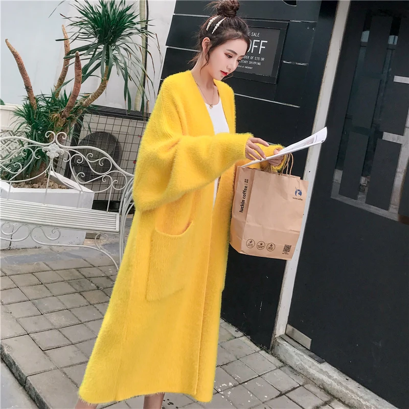 high quality faux mink velvet loose women's knitted cardigan winter long open stitch outerwear plus size yellow sweater coats |