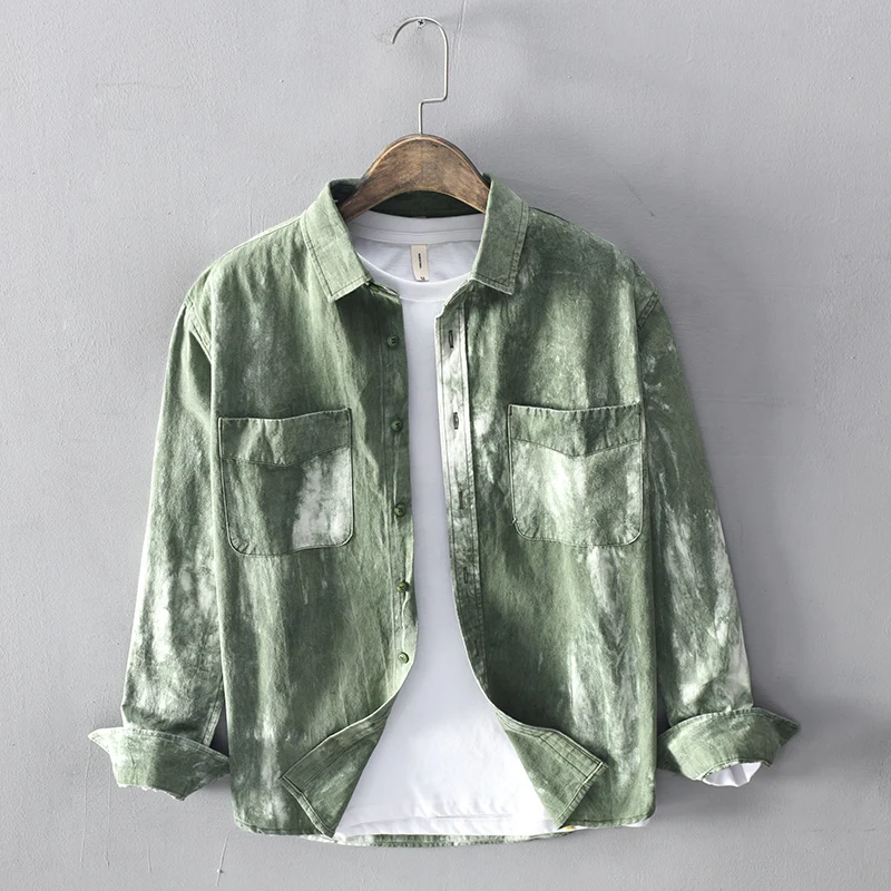 Новое поступление мужская рубашка с длинным рукавом и завязкой Осенние зеленые