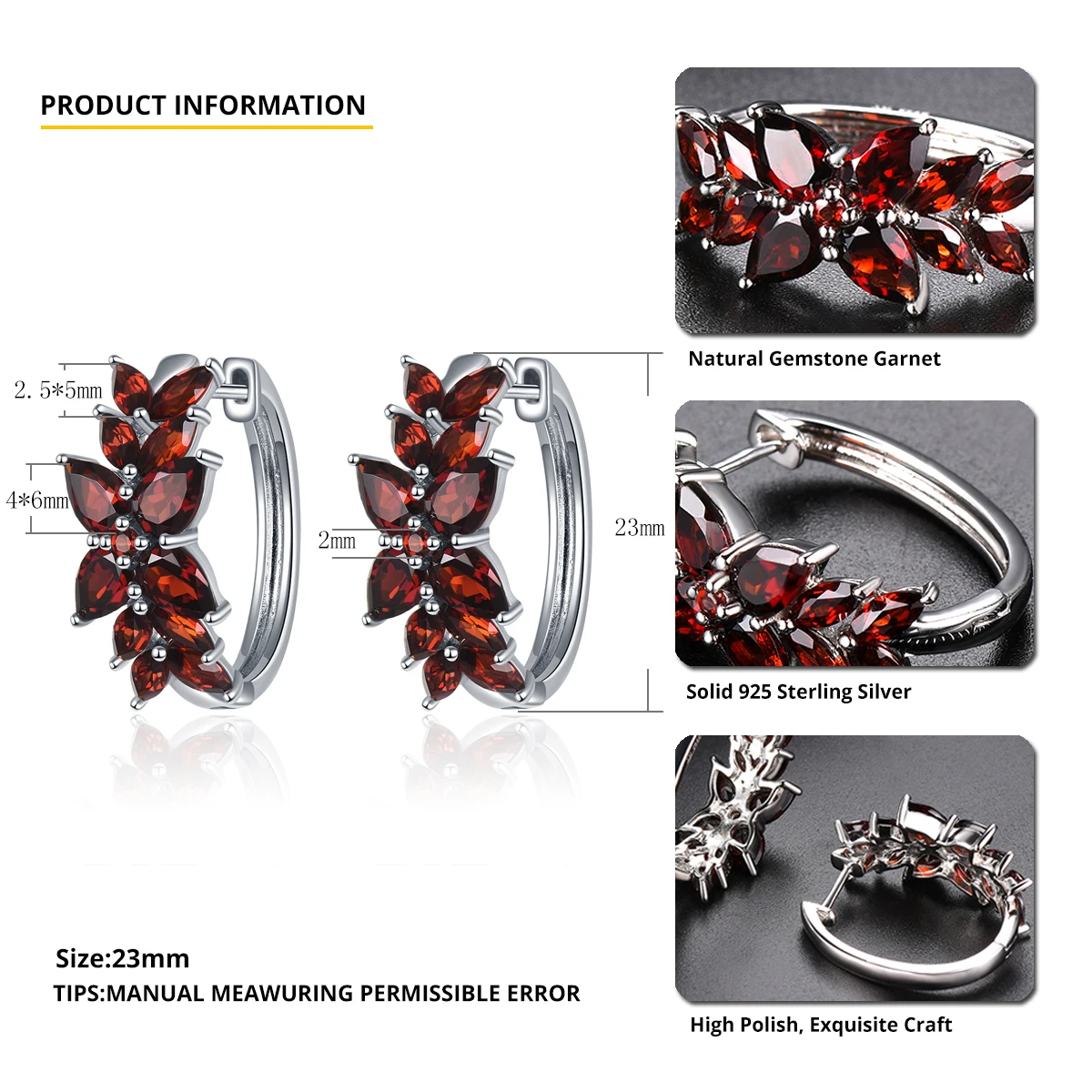 Hutang 7.19ct настоящий гранат женские серьги клипсы, 925 пробы серебро натуральный красный драгоценный камень изящные элегантные ювелирные изделия Новое поступление подарок