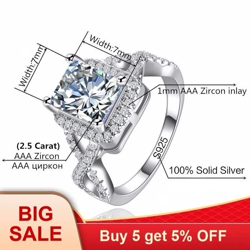 Женские обручальные кольца с фианитом роскошные из стерлингового серебра 925