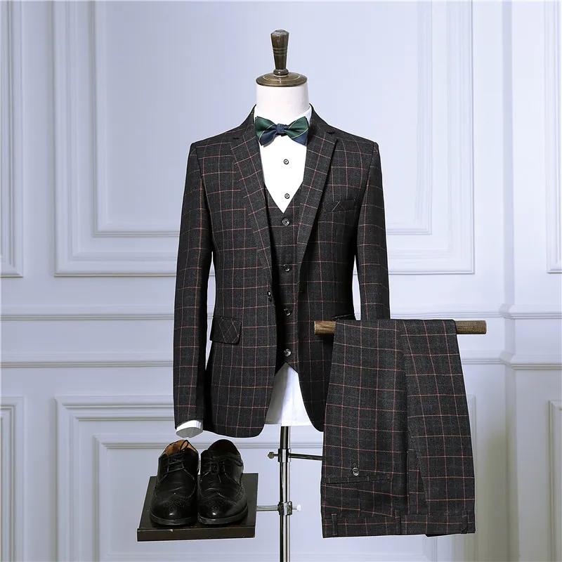 

Blazers Pants Vest Sets / 2021 Spring Autumn New Fashion Suits / Men's Casual Business Plaid 3 Piece Suit Jacket Coat Trousers