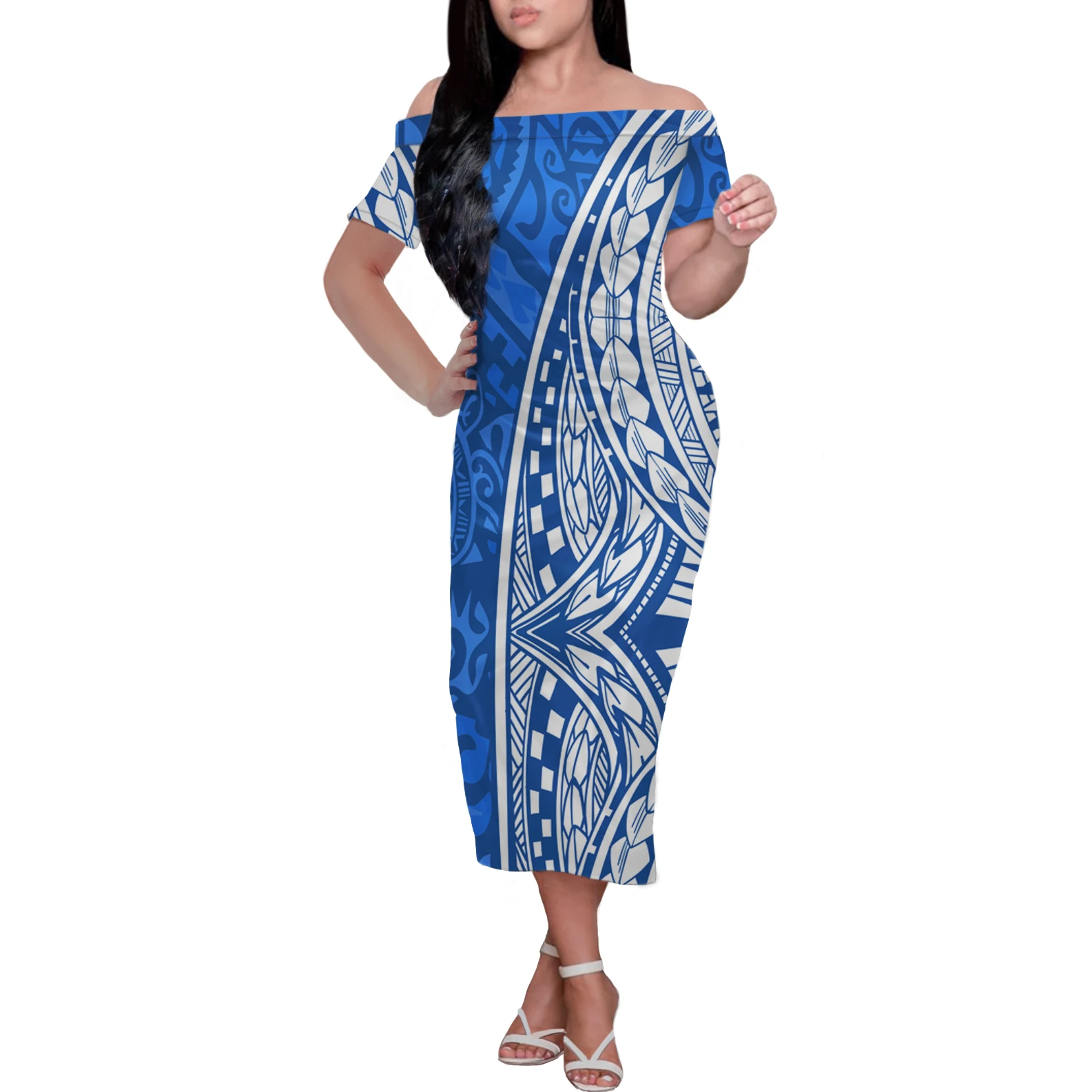 

Новое поступление, женская одежда, 4xl, голубое и белое градиентное полинезийское плечевое платье, индивидуальный дизайн