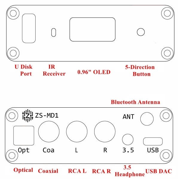 Цифровой плеер Zishan ZS-MD1 HiFi DSD CSR8675 Bluetooth 5 0 DAC поддержка 384K 32Bit DSD256 (One ES9038Q2M) |