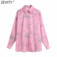zevity women vintage chain print pink satin smock blouse office lady breasted casual business shirt chic brand blusa tops ls9513