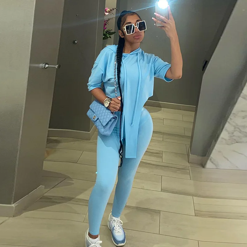 

Women's Clothing 2021 Autumn and Winter New Solid Color Hooded Long-Sleeved Slim-Fit Trousers Sweater Casual Suit Casual Solid