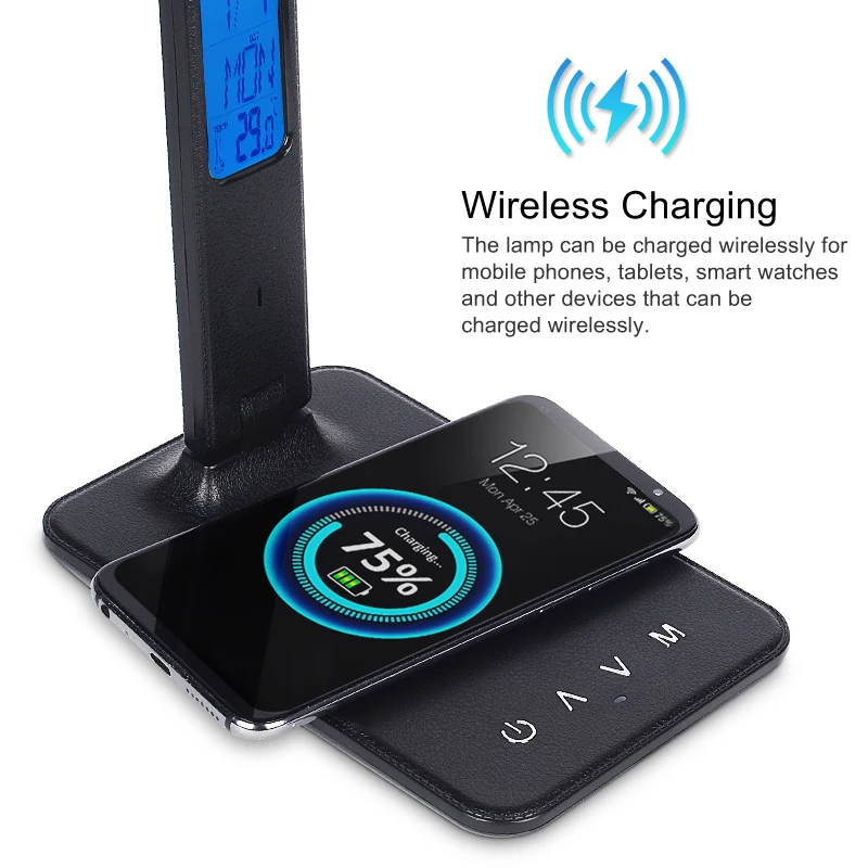 Hot LED Table Desk Lamp 5W QI Wireless Charging with Calendar Temperature Alarm Clock Eye Protect Read Light | Освещение