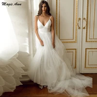 magic awn ivory tulle boho wedding dresses spaghetti straps lace appliques open back simple wedding party gowns robe mariee
