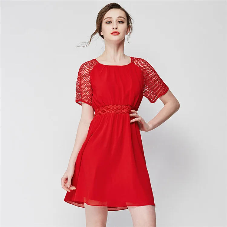 

2020 dress women's fashion sexy spring and summer models round neck chiffon mesh stitching dress