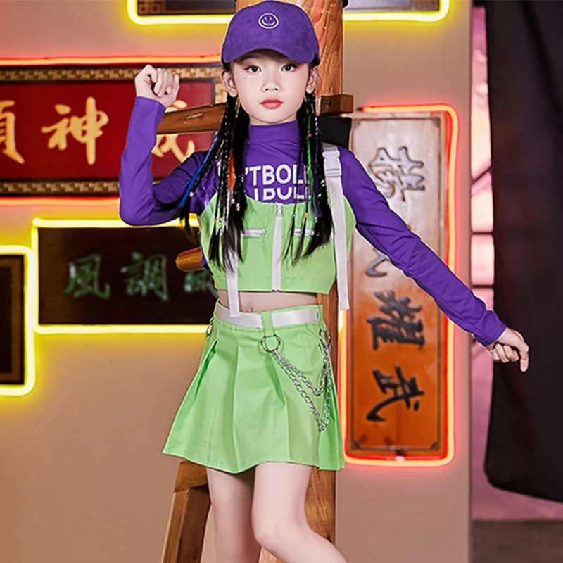 

2021 костюмы для танцев в стиле хип-хоп, Детская уличная танцевальная одежда, модный зеленый костюм для девочек для чарлидинга, одежда для джа...