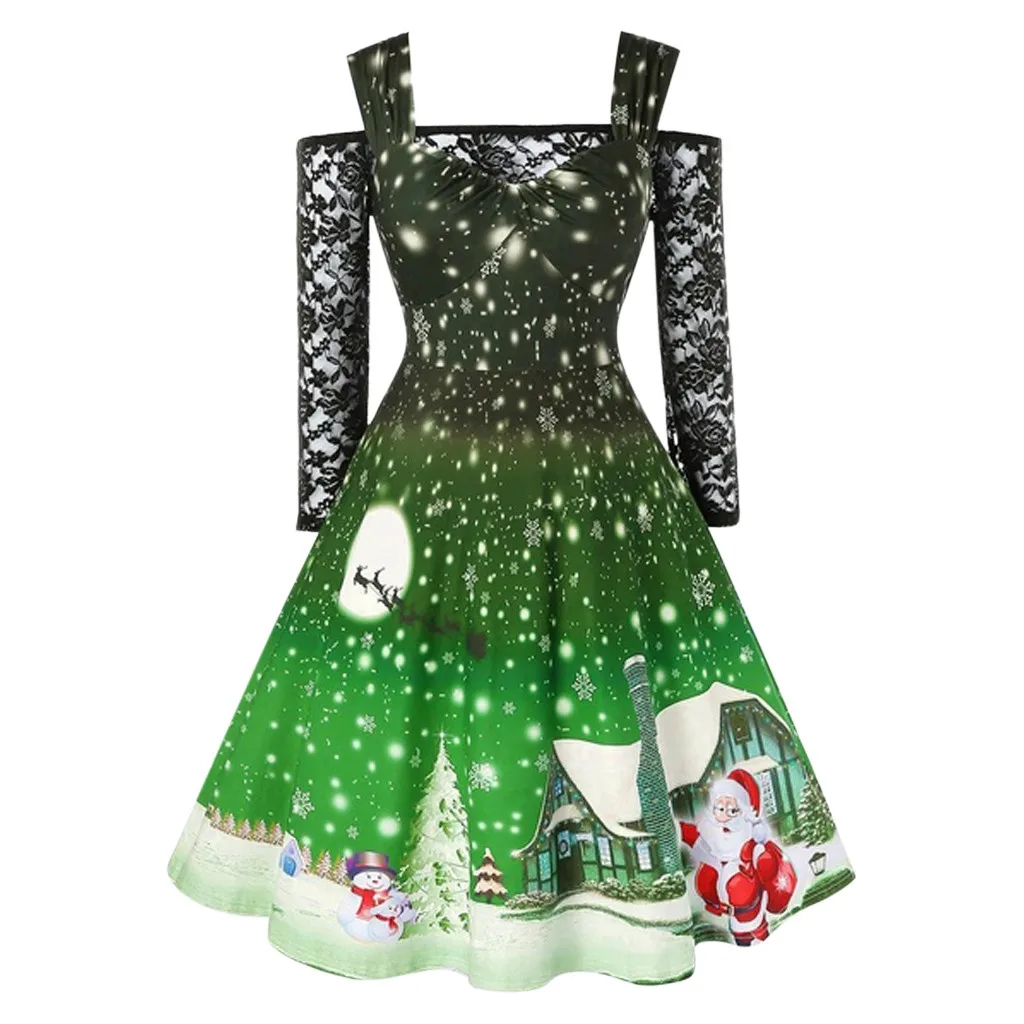 Green Vestidos ropa mujer, рождественское платье, женская Кружевная футболка с открытыми плечами, лоскутное рождественское платье с принтом, винтажное праздничное платье roupa - Цвет: Green