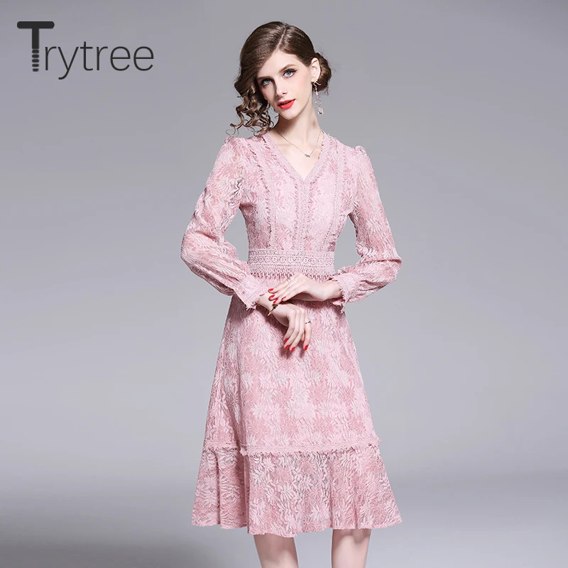 Trytree/2019 осеннее женское Повседневное платье с высокой талией v образным вырезом и